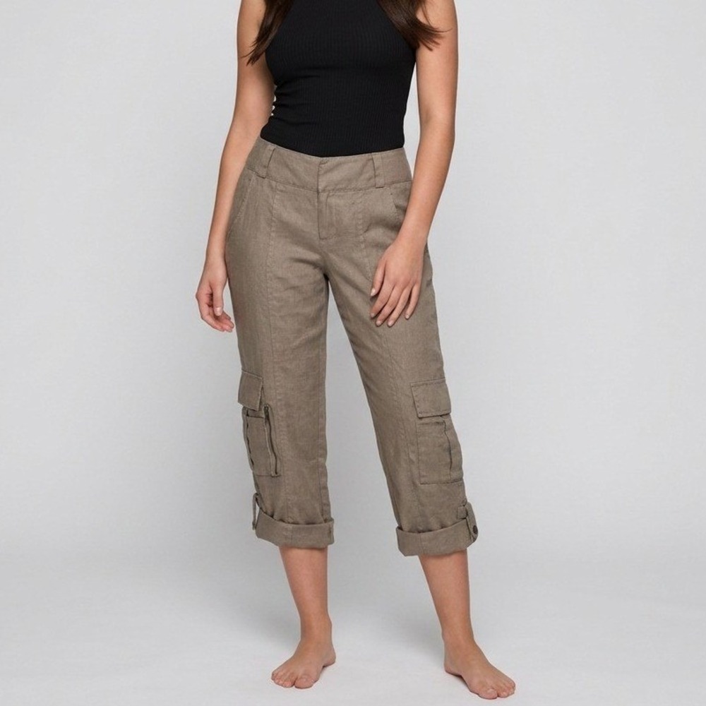 Alice + Olivia Taupe‎ Brown 100% Linen Cargo Capri Pants C403102565 Size 4
